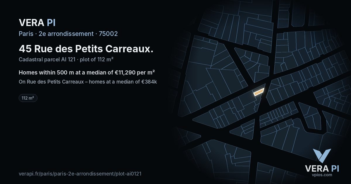 45 Rue des Petits Carreaux, 2e arrondissement at night – the plot lit, the parcels around coloured by the prices near them