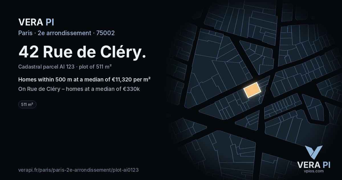 42 Rue de Cléry, 2e arrondissement at night – the plot lit, the parcels around coloured by the prices near them