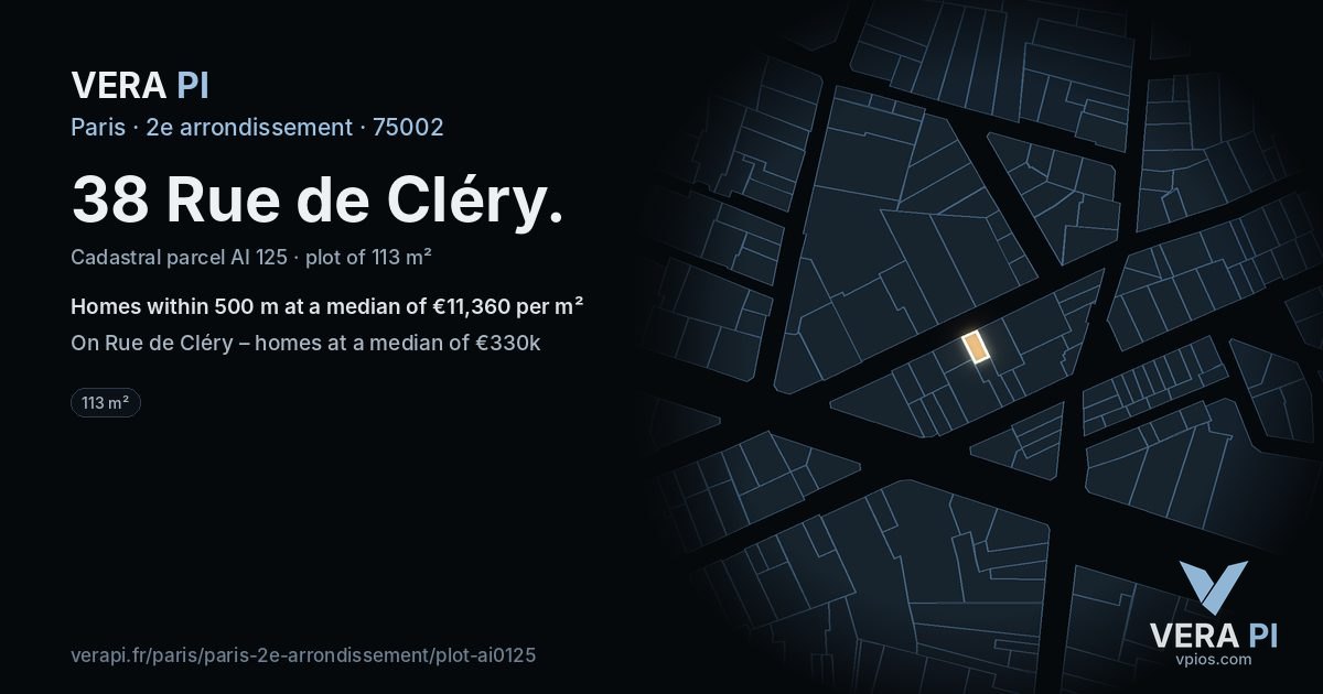 38 Rue de Cléry, 2e arrondissement at night – the plot lit, the parcels around coloured by the prices near them
