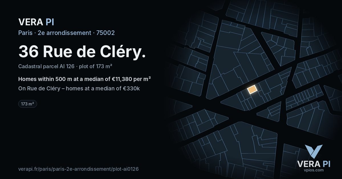 36 Rue de Cléry, 2e arrondissement at night – the plot lit, the parcels around coloured by the prices near them