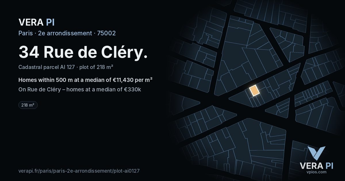 34 Rue de Cléry, 2e arrondissement at night – the plot lit, the parcels around coloured by the prices near them