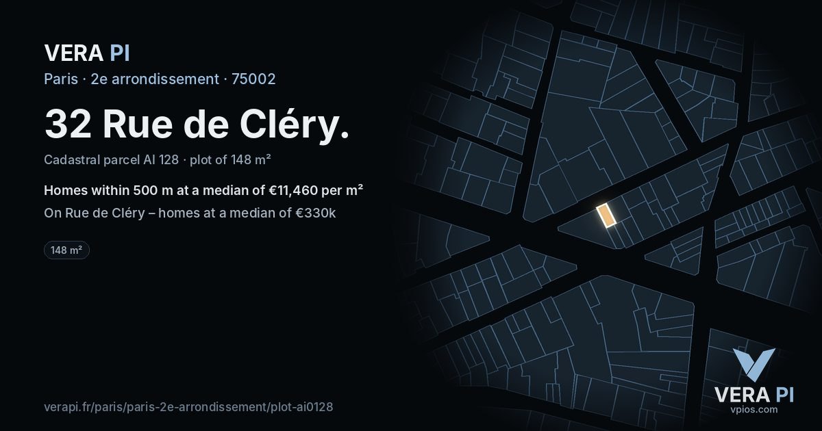 32 Rue de Cléry, 2e arrondissement at night – the plot lit, the parcels around coloured by the prices near them