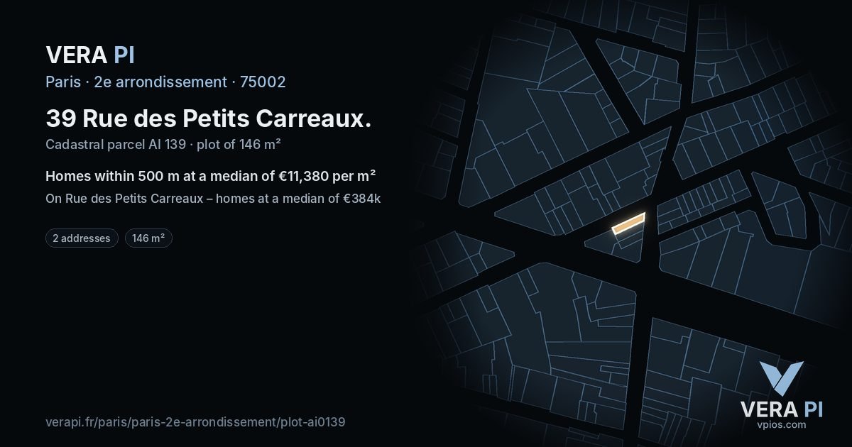 39 Rue des Petits Carreaux, 2e arrondissement at night – the plot lit, the parcels around coloured by the prices near them