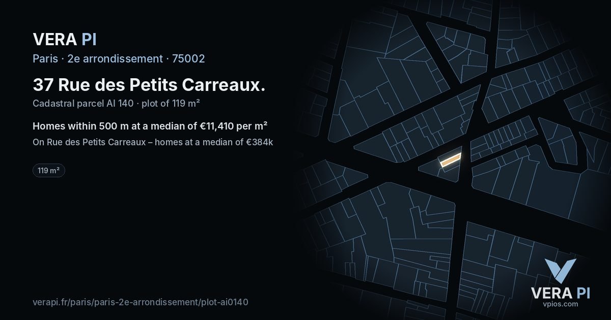 37 Rue des Petits Carreaux, 2e arrondissement at night – the plot lit, the parcels around coloured by the prices near them