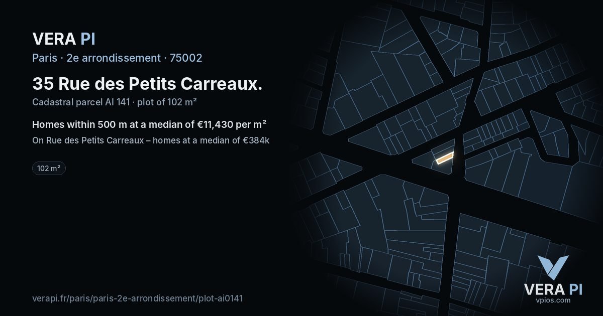 35 Rue des Petits Carreaux, 2e arrondissement at night – the plot lit, the parcels around coloured by the prices near them