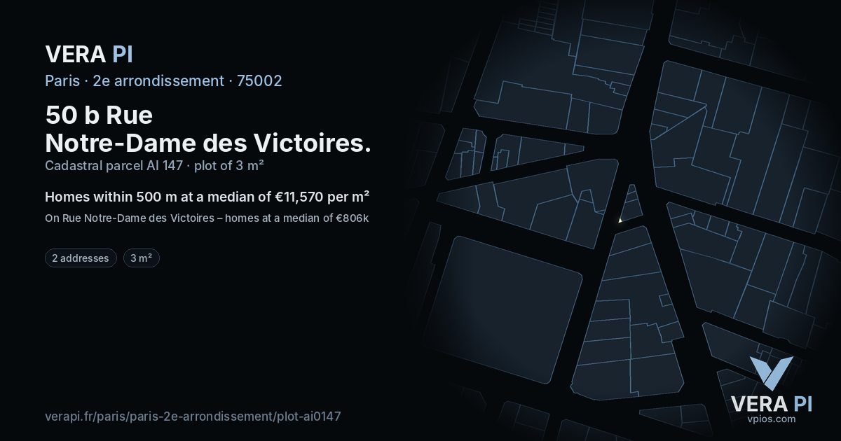 50 b Rue Notre-Dame des Victoires, 2e arrondissement at night – the plot lit, the parcels around coloured by the prices near them