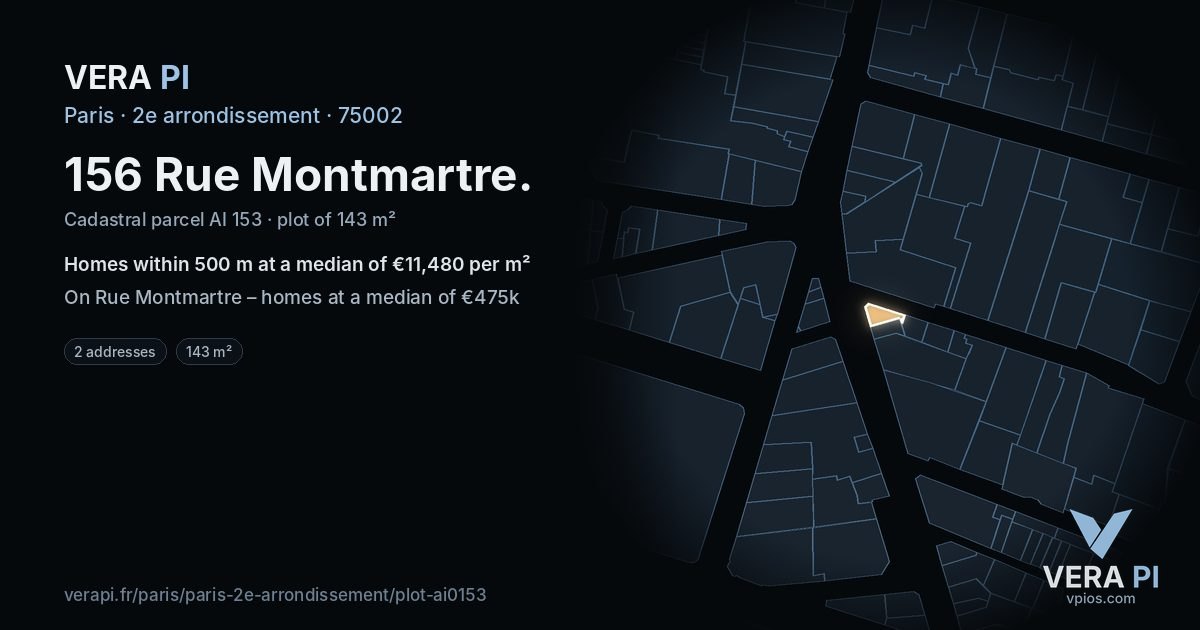 156 Rue Montmartre, 2e arrondissement at night – the plot lit, the parcels around coloured by the prices near them