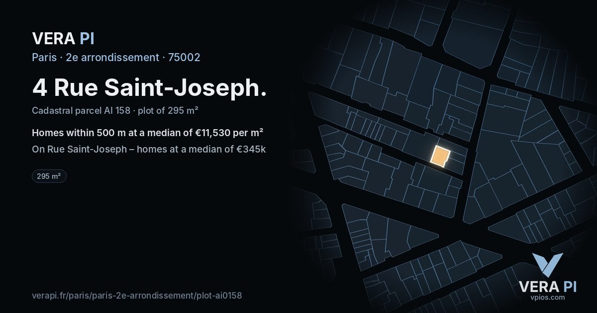 4 Rue Saint-Joseph, 2e arrondissement at night – the plot lit, the parcels around coloured by the prices near them