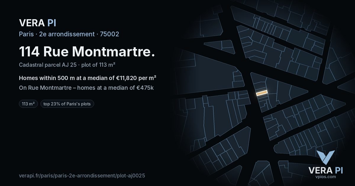 114 Rue Montmartre, 2e arrondissement at night – the plot lit, the parcels around coloured by the prices near them