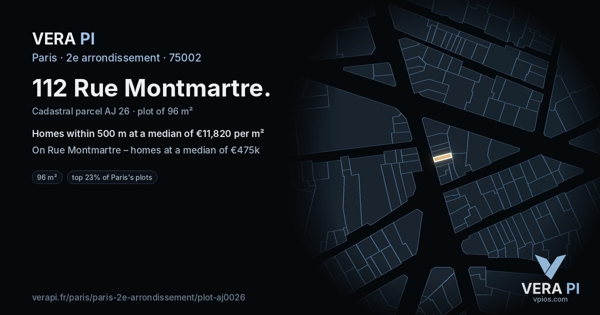 112 Rue Montmartre, 2e arrondissement at night – the plot lit, the parcels around coloured by the prices near them