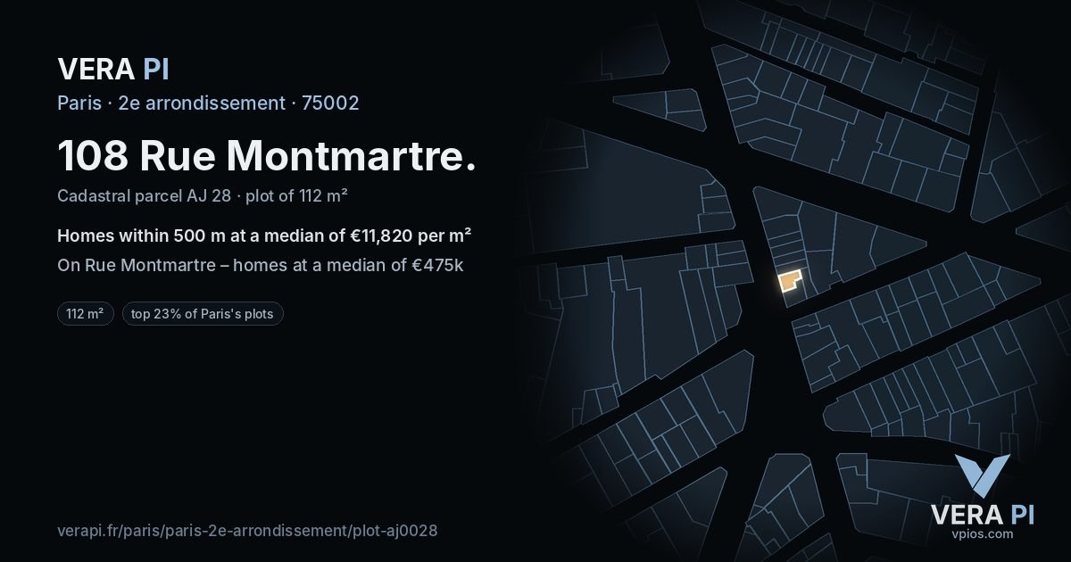 108 Rue Montmartre, 2e arrondissement at night – the plot lit, the parcels around coloured by the prices near them