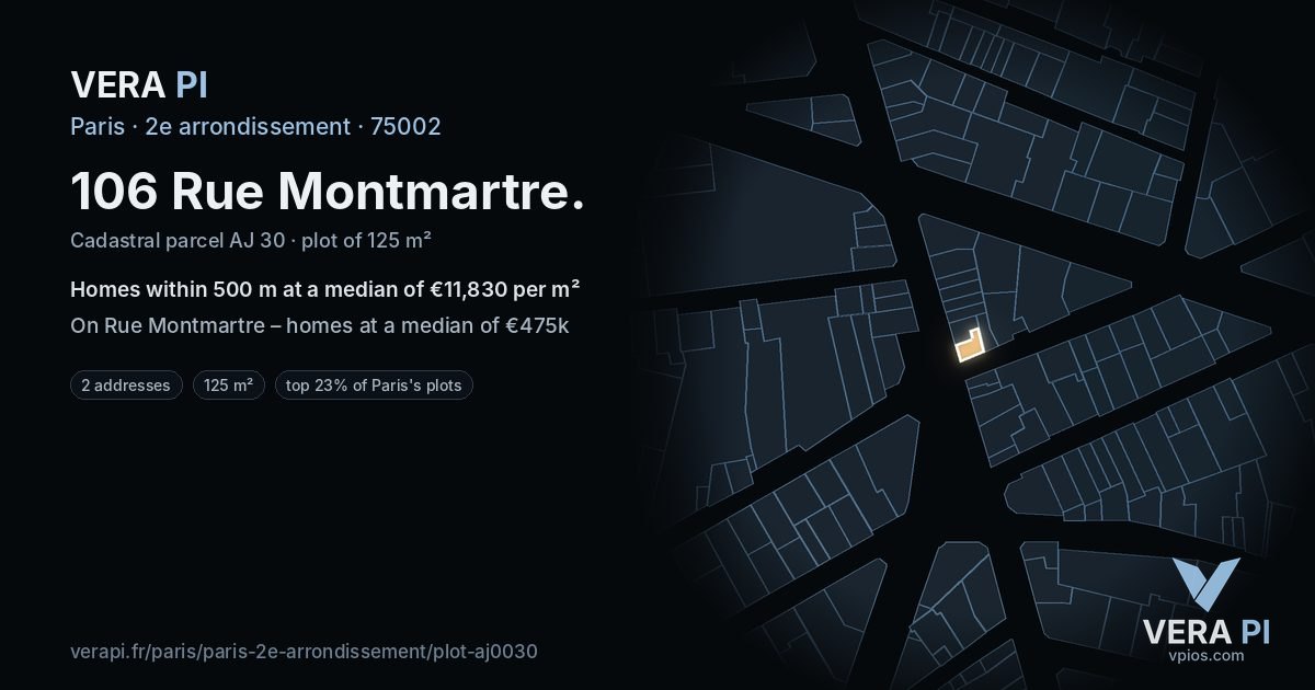 106 Rue Montmartre, 2e arrondissement at night – the plot lit, the parcels around coloured by the prices near them