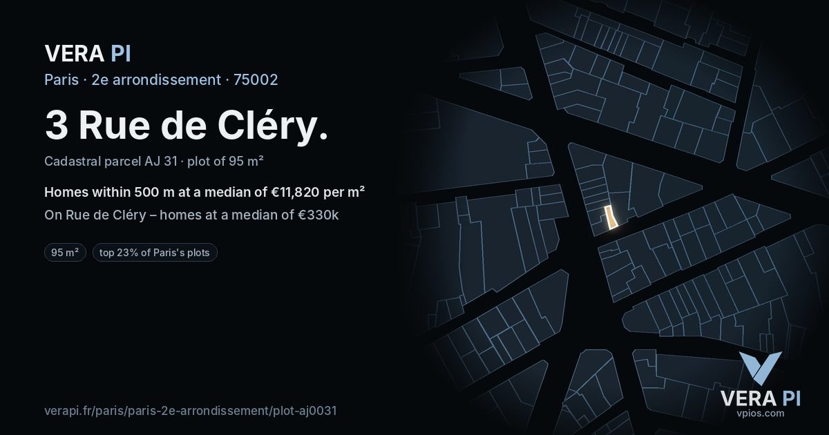 3 Rue de Cléry, 2e arrondissement at night – the plot lit, the parcels around coloured by the prices near them