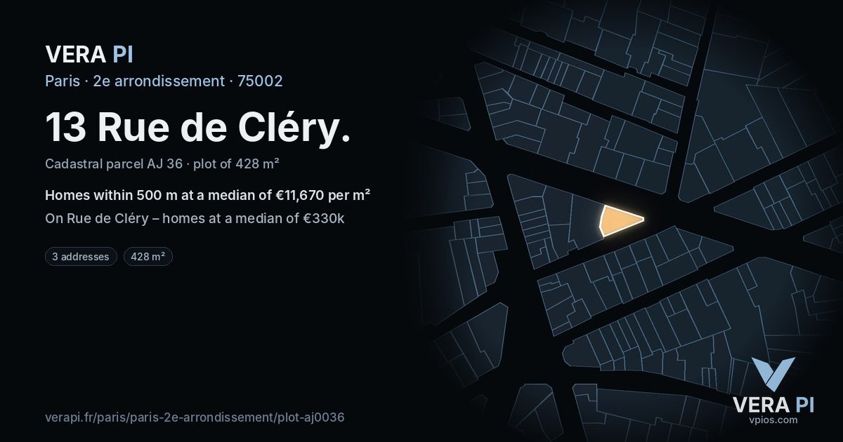 13 Rue de Cléry, 2e arrondissement at night – the plot lit, the parcels around coloured by the prices near them