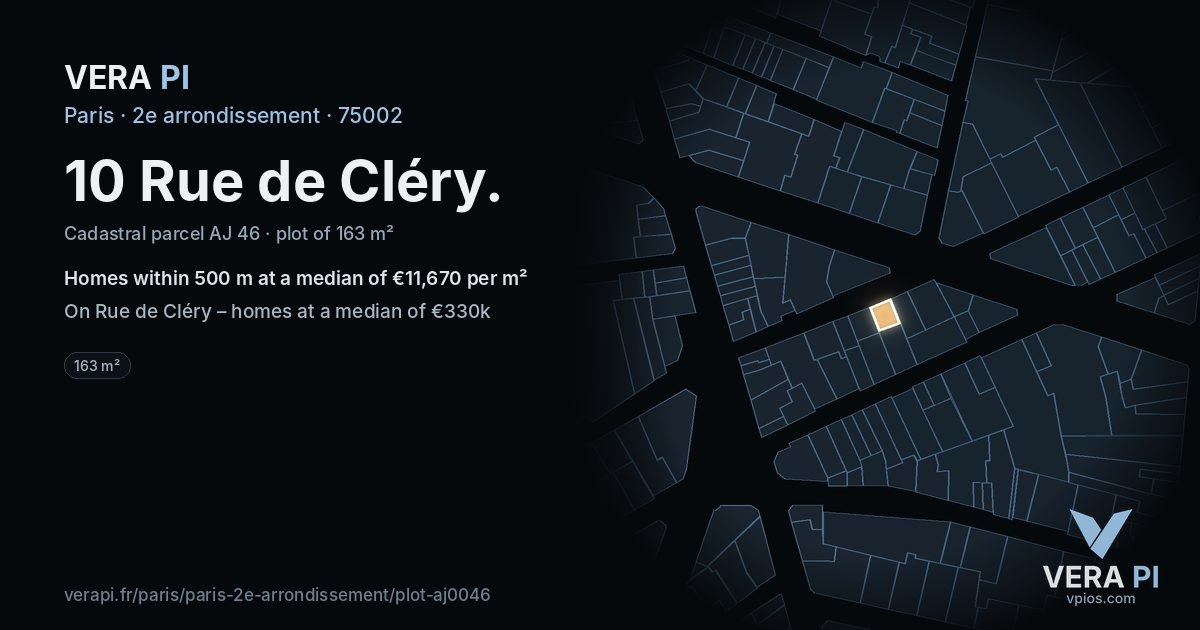 10 Rue de Cléry, 2e arrondissement at night – the plot lit, the parcels around coloured by the prices near them