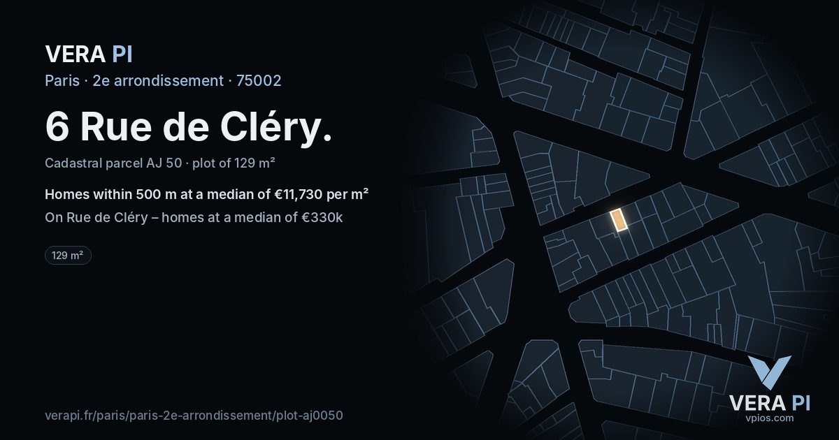 6 Rue de Cléry, 2e arrondissement at night – the plot lit, the parcels around coloured by the prices near them