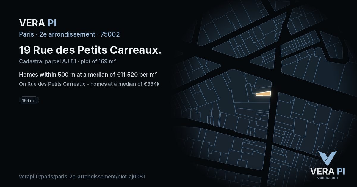 19 Rue des Petits Carreaux, 2e arrondissement at night – the plot lit, the parcels around coloured by the prices near them