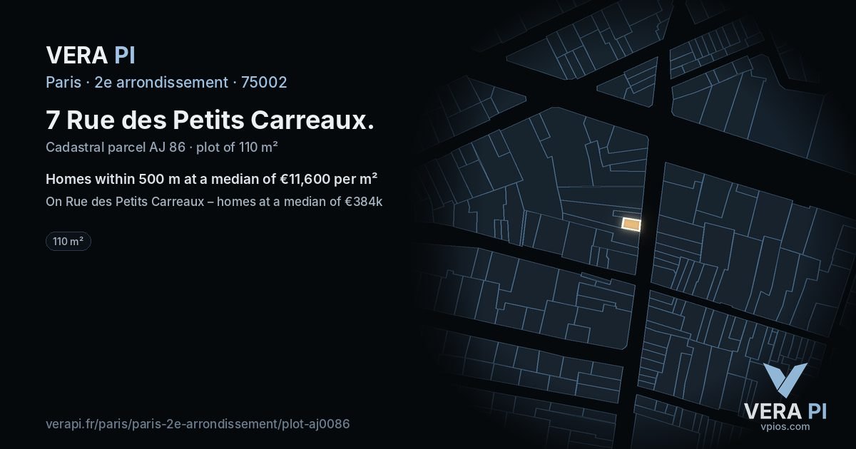 7 Rue des Petits Carreaux, 2e arrondissement at night – the plot lit, the parcels around coloured by the prices near them