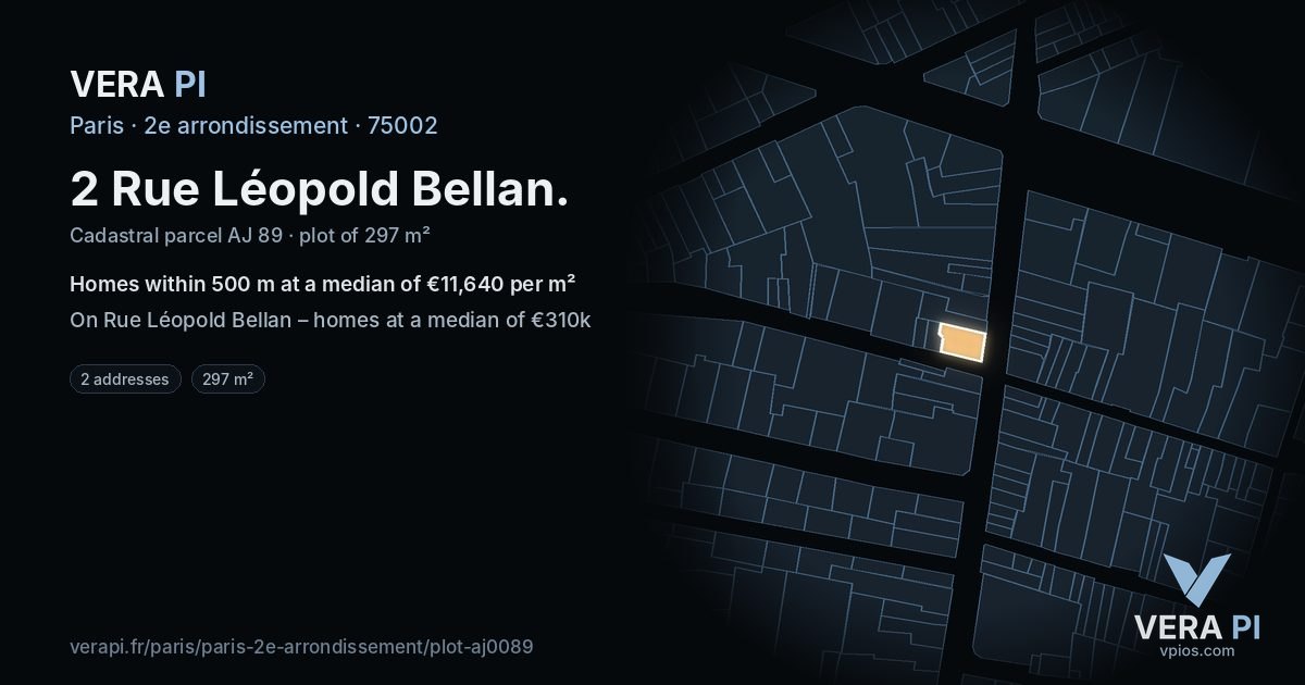 2 Rue Léopold Bellan, 2e arrondissement at night – the plot lit, the parcels around coloured by the prices near them