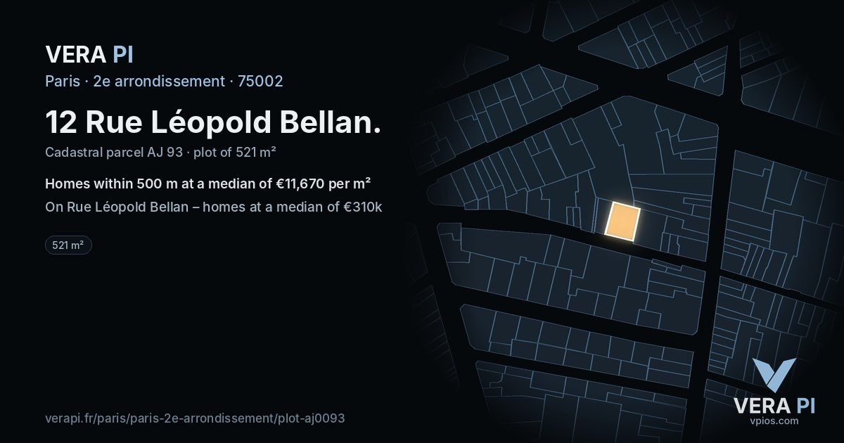 12 Rue Léopold Bellan, 2e arrondissement at night – the plot lit, the parcels around coloured by the prices near them