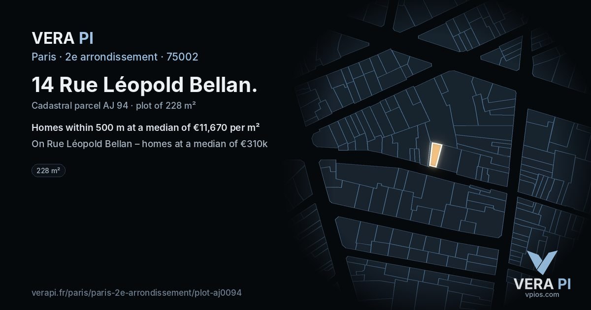 14 Rue Léopold Bellan, 2e arrondissement at night – the plot lit, the parcels around coloured by the prices near them