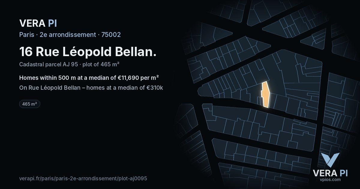 16 Rue Léopold Bellan, 2e arrondissement at night – the plot lit, the parcels around coloured by the prices near them