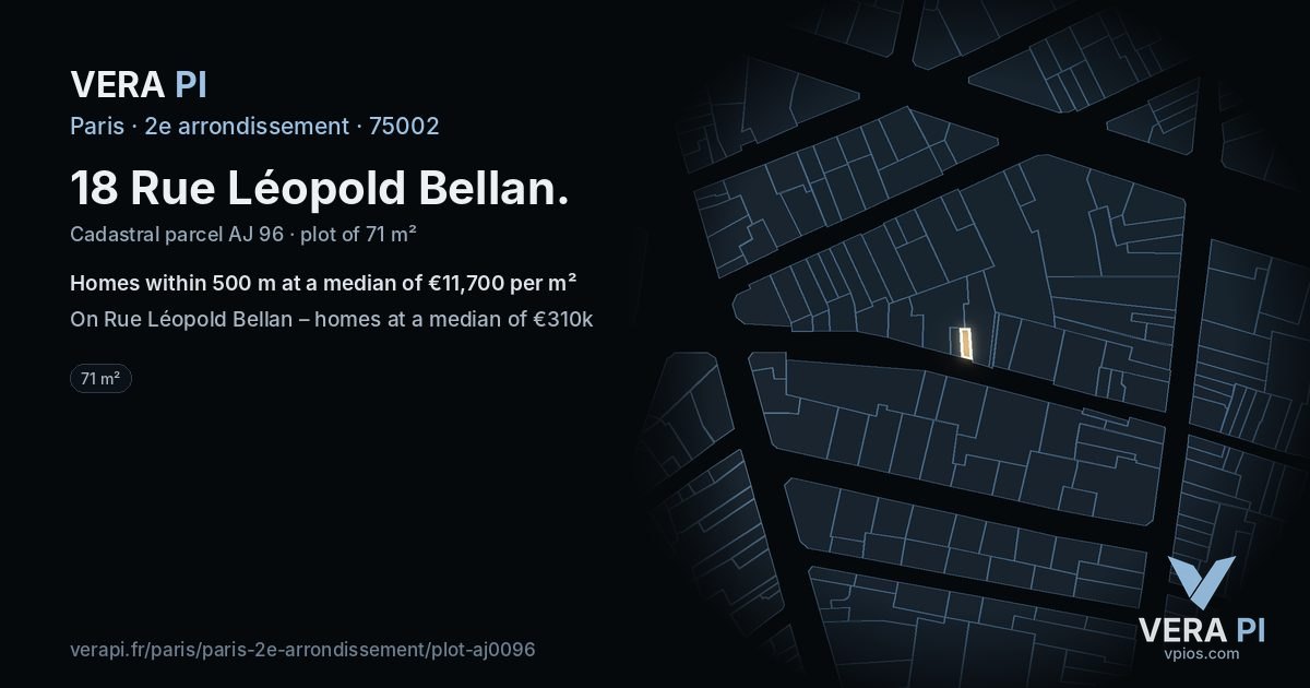 18 Rue Léopold Bellan, 2e arrondissement at night – the plot lit, the parcels around coloured by the prices near them