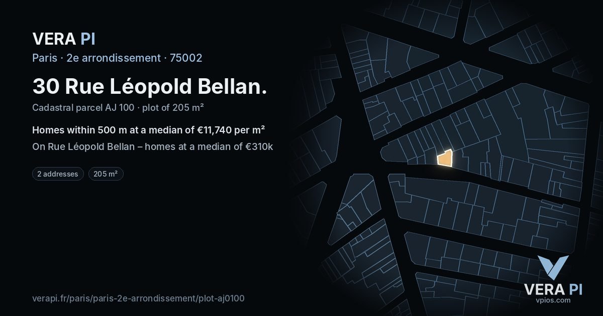 30 Rue Léopold Bellan, 2e arrondissement at night – the plot lit, the parcels around coloured by the prices near them