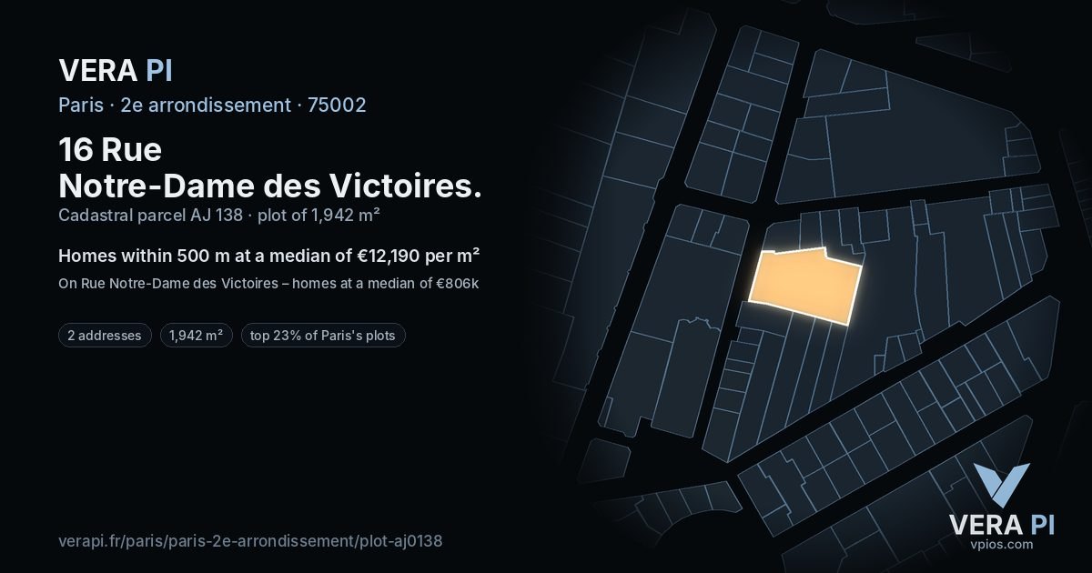 16 Rue Notre-Dame des Victoires, 2e arrondissement at night – the plot lit, the parcels around coloured by the prices near them