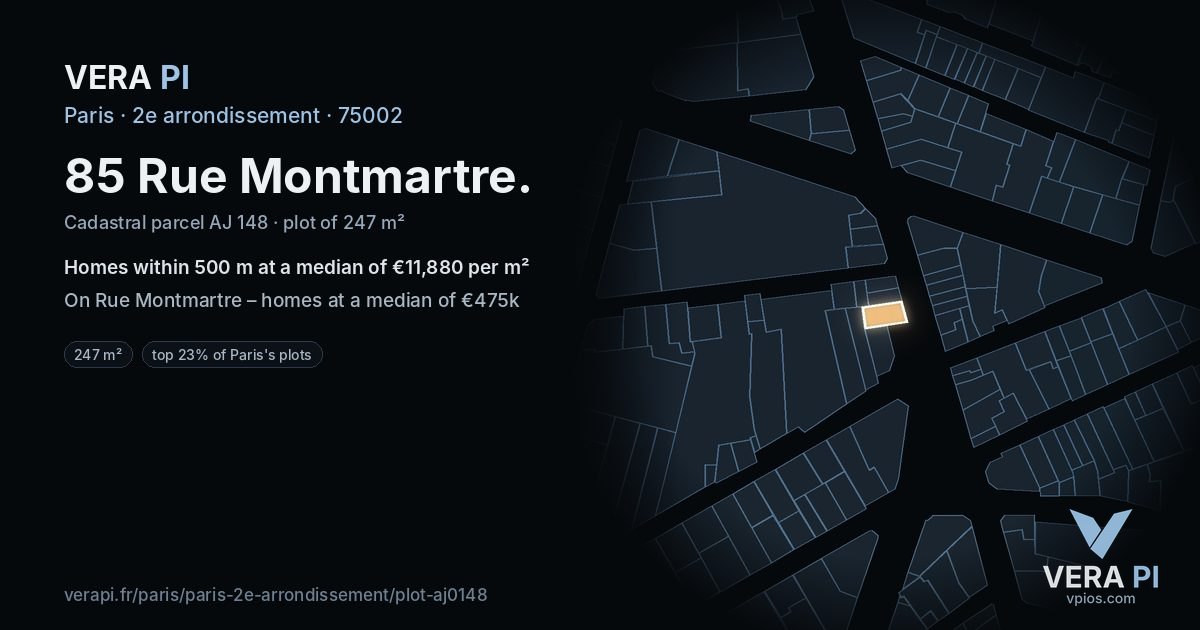 85 Rue Montmartre, 2e arrondissement at night – the plot lit, the parcels around coloured by the prices near them