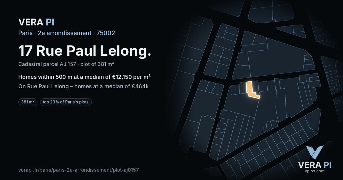 17 Rue Paul Lelong, 2e arrondissement at night – the plot lit, the parcels around coloured by the prices near them