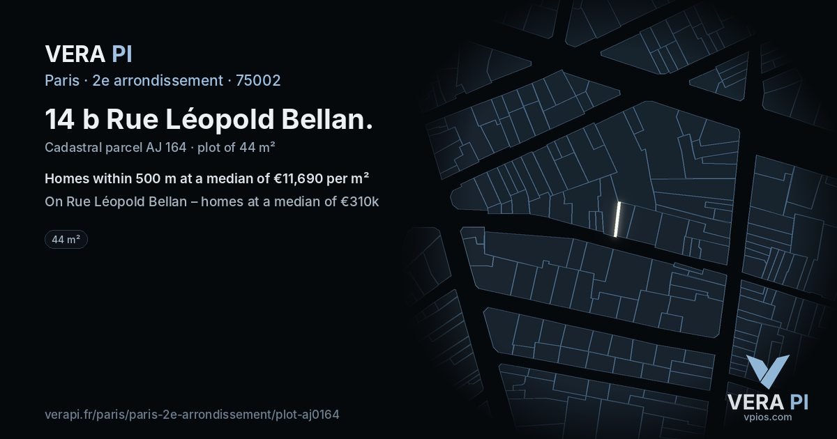 14 b Rue Léopold Bellan, 2e arrondissement at night – the plot lit, the parcels around coloured by the prices near them