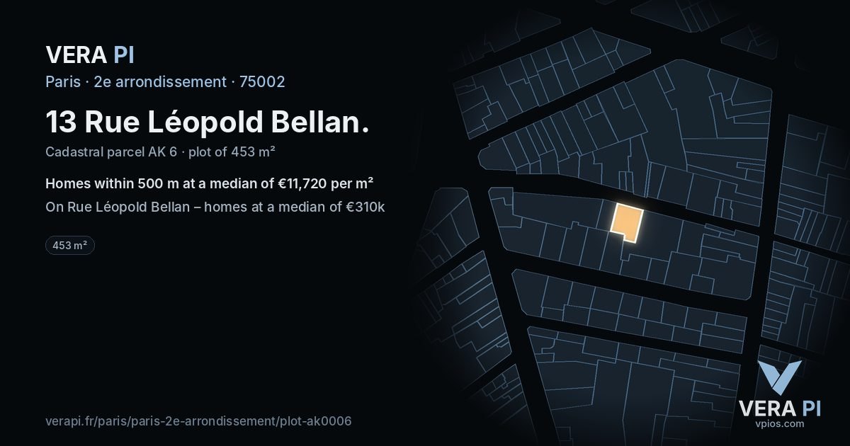 13 Rue Léopold Bellan, 2e arrondissement at night – the plot lit, the parcels around coloured by the prices near them