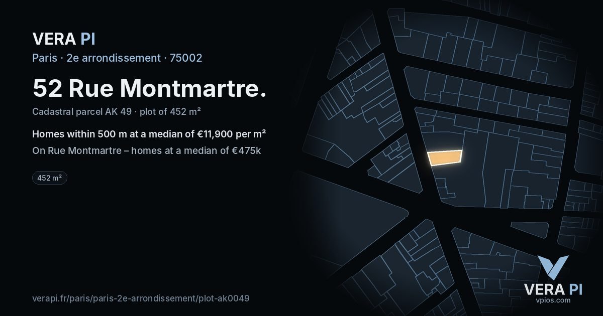 52 Rue Montmartre, 2e arrondissement at night – the plot lit, the parcels around coloured by the prices near them