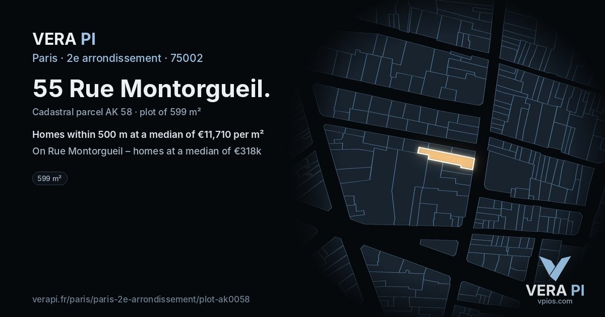 55 Rue Montorgueil, 2e arrondissement at night – the plot lit, the parcels around coloured by the prices near them