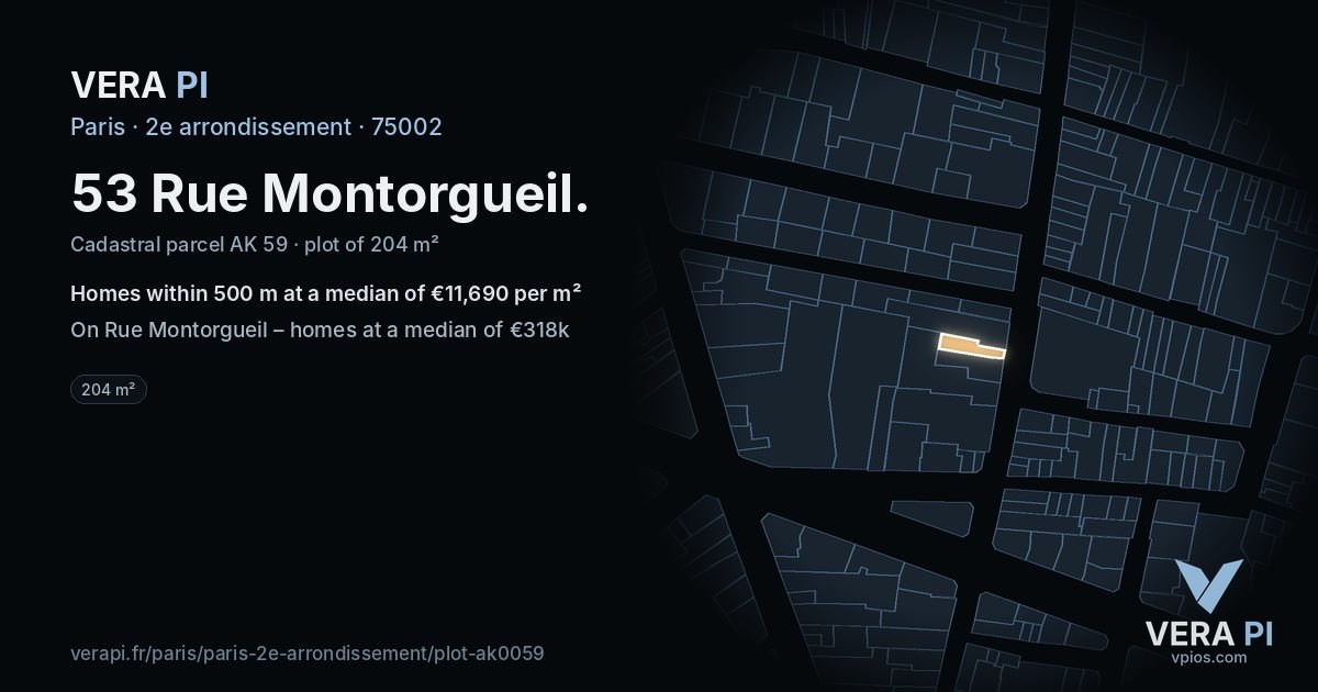 53 Rue Montorgueil, 2e arrondissement at night – the plot lit, the parcels around coloured by the prices near them