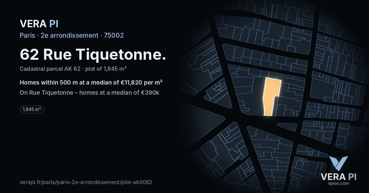 62 Rue Tiquetonne, 2e arrondissement at night – the plot lit, the parcels around coloured by the prices near them