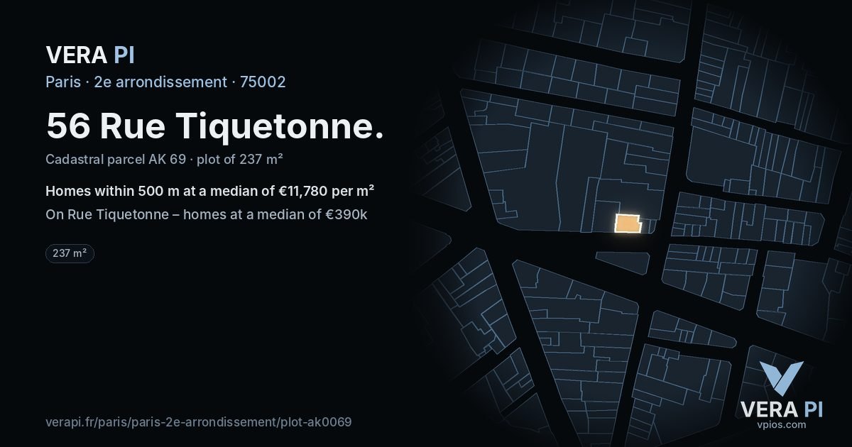 56 Rue Tiquetonne, 2e arrondissement at night – the plot lit, the parcels around coloured by the prices near them