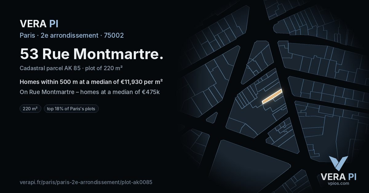 53 Rue Montmartre, 2e arrondissement at night – the plot lit, the parcels around coloured by the prices near them