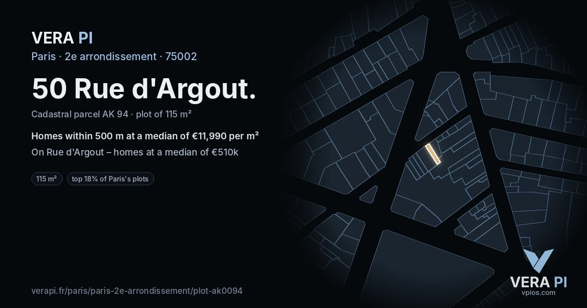 50 Rue d'Argout, 2e arrondissement at night – the plot lit, the parcels around coloured by the prices near them