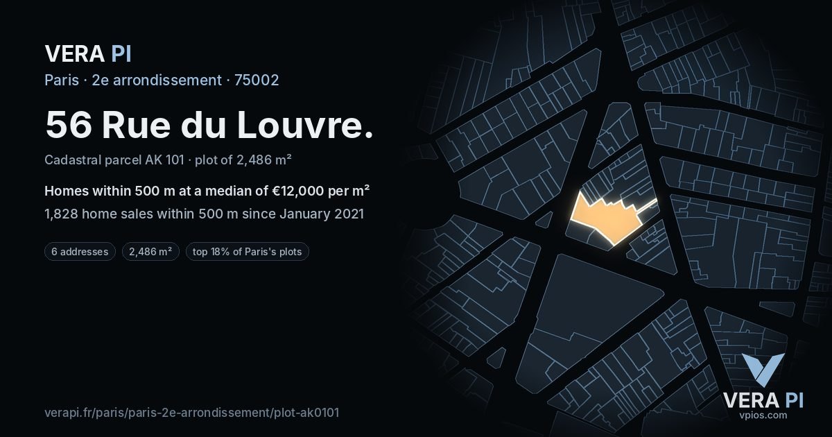 56 Rue du Louvre, 2e arrondissement at night – the plot lit, the parcels around coloured by the prices near them