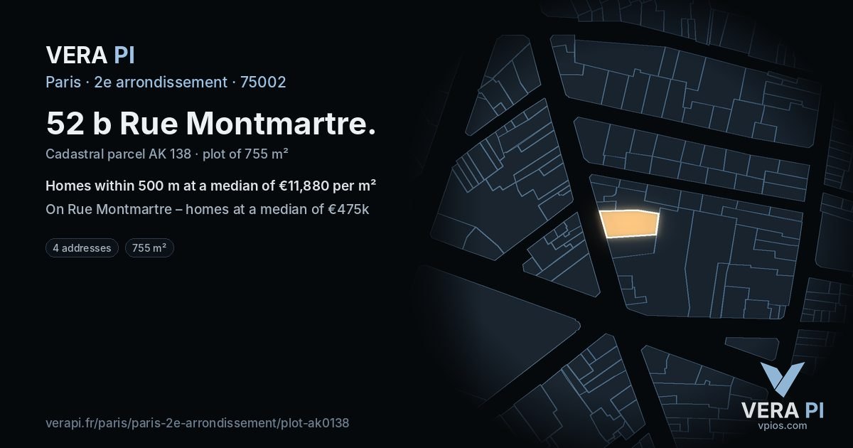 52 b Rue Montmartre, 2e arrondissement at night – the plot lit, the parcels around coloured by the prices near them