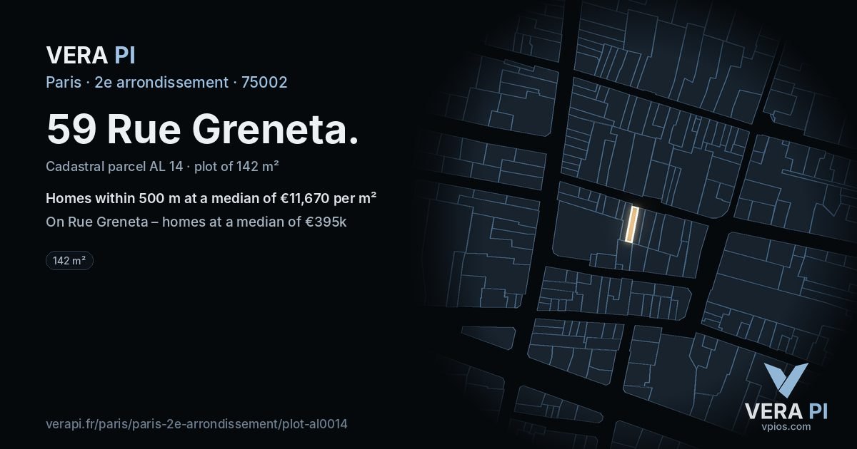 59 Rue Greneta, 2e arrondissement at night – the plot lit, the parcels around coloured by the prices near them