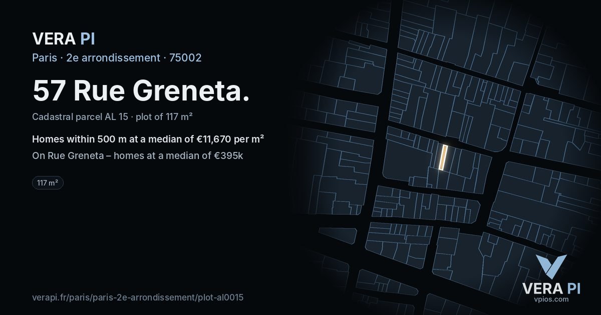 57 Rue Greneta, 2e arrondissement at night – the plot lit, the parcels around coloured by the prices near them