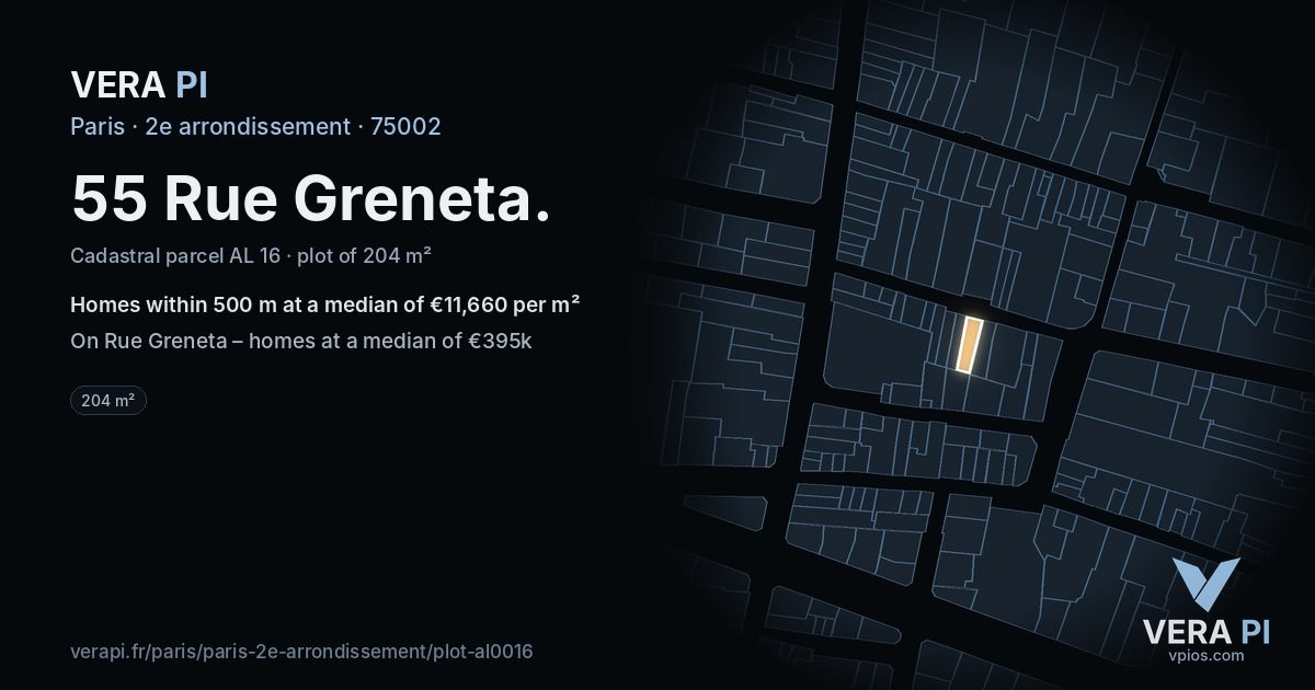 55 Rue Greneta, 2e arrondissement at night – the plot lit, the parcels around coloured by the prices near them