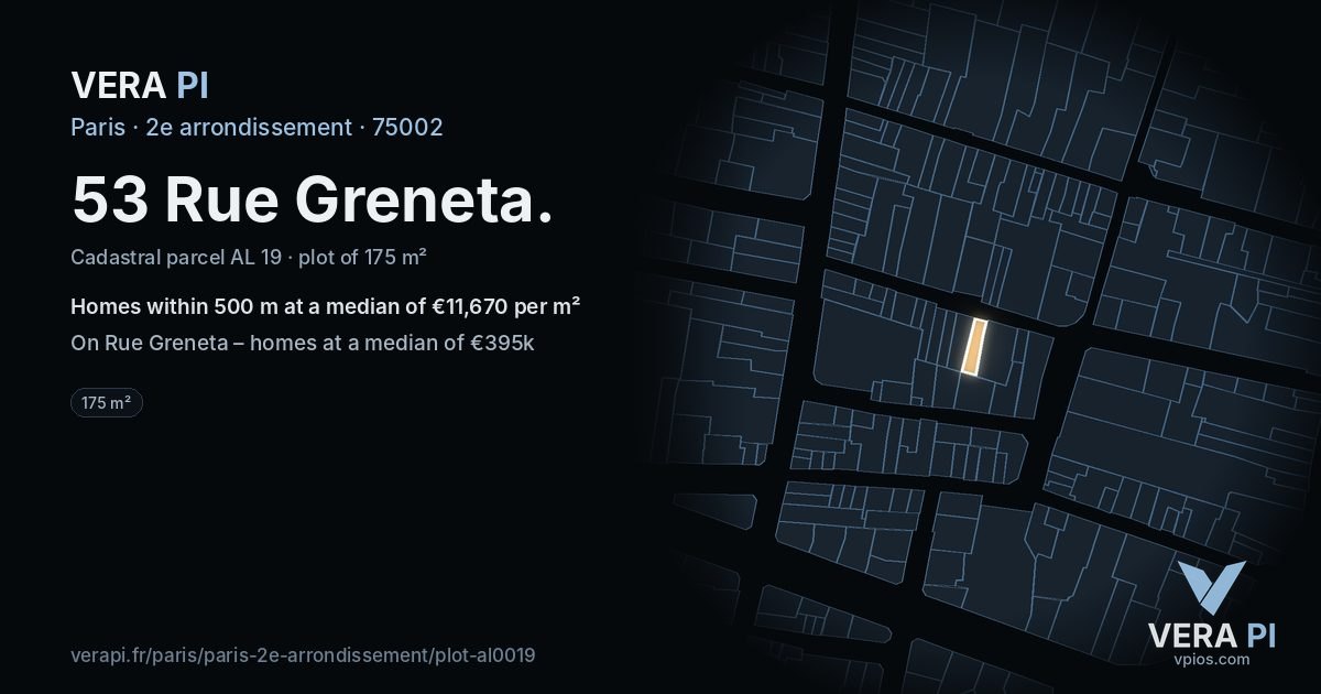 53 Rue Greneta, 2e arrondissement at night – the plot lit, the parcels around coloured by the prices near them