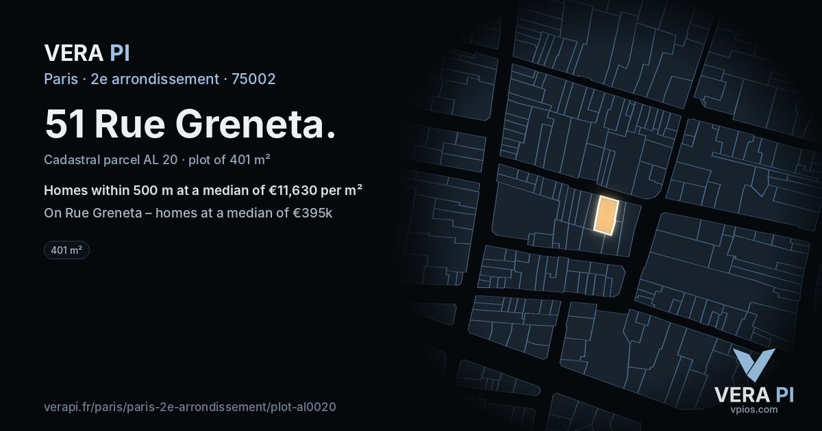 51 Rue Greneta, 2e arrondissement at night – the plot lit, the parcels around coloured by the prices near them