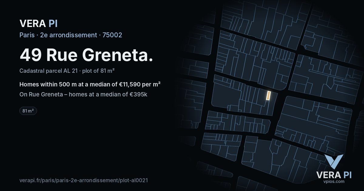 49 Rue Greneta, 2e arrondissement at night – the plot lit, the parcels around coloured by the prices near them