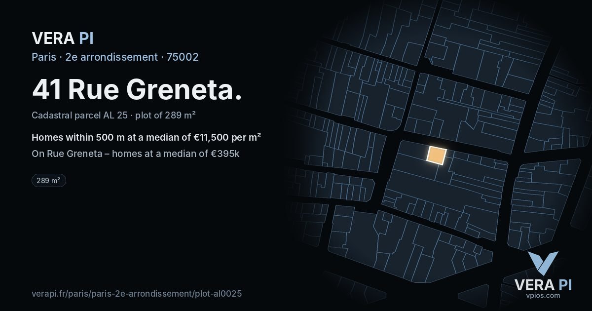 41 Rue Greneta, 2e arrondissement at night – the plot lit, the parcels around coloured by the prices near them