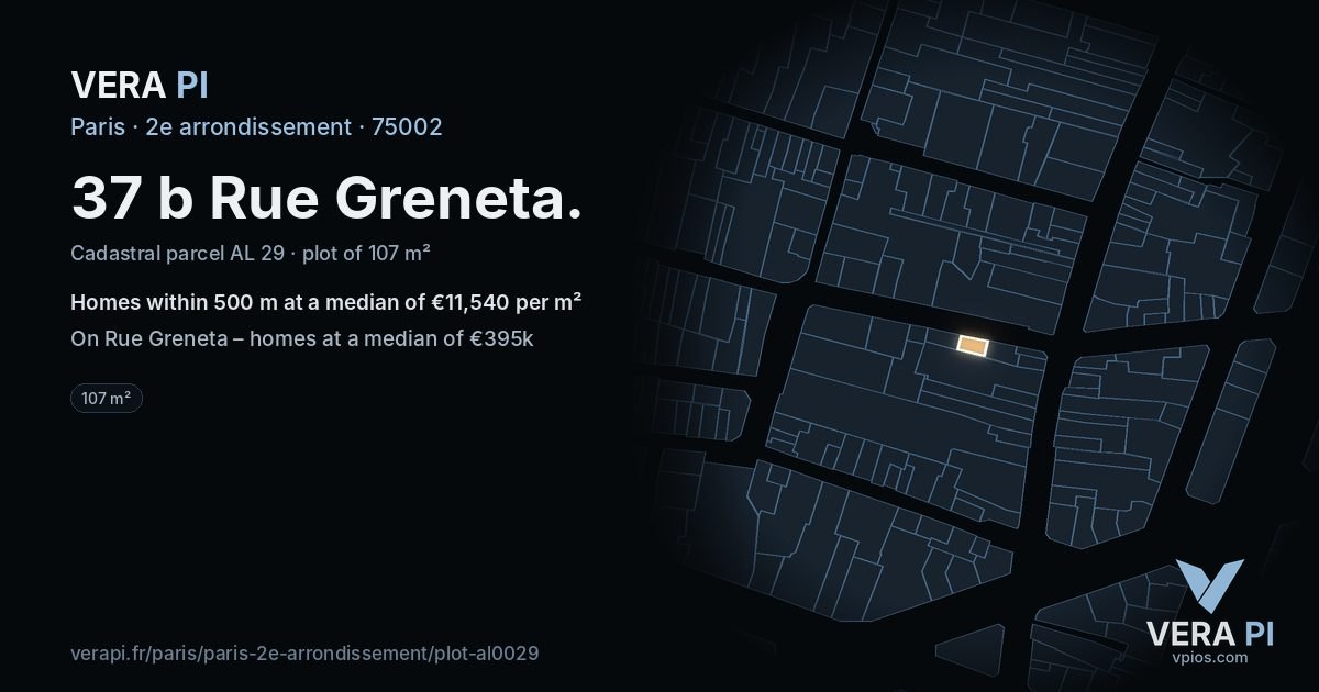 37 b Rue Greneta, 2e arrondissement at night – the plot lit, the parcels around coloured by the prices near them